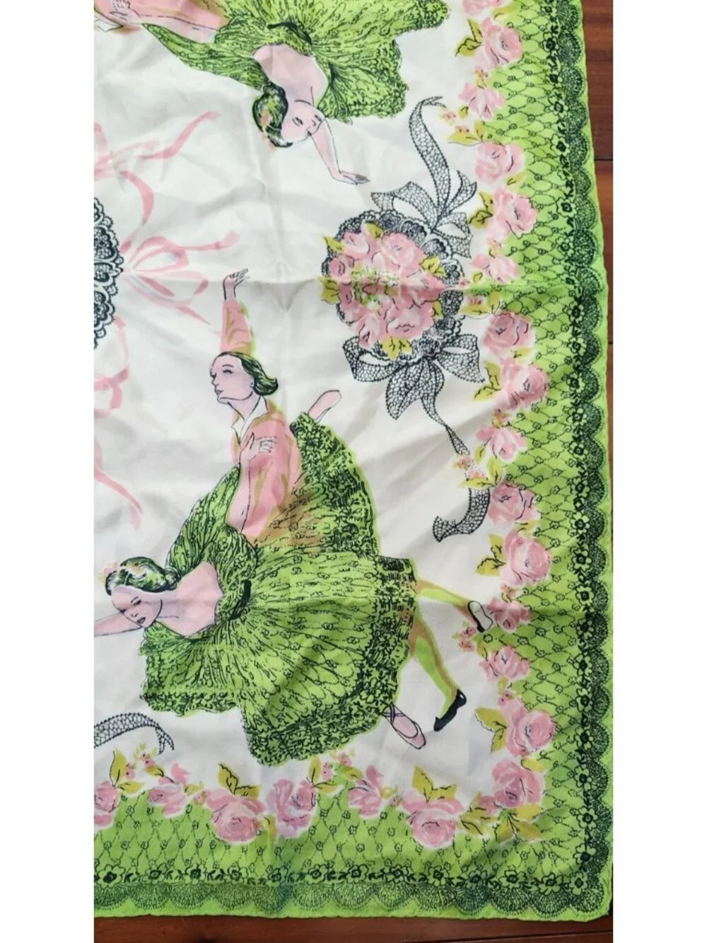 Vintage Silk Scarf Green Pink Floral Ladies Novelty Print Large Square 33x34''